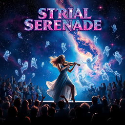 A stunning movie poster for 'Astral Serenade', featuring a woman on a dazzling stage, passionately playing an instrument