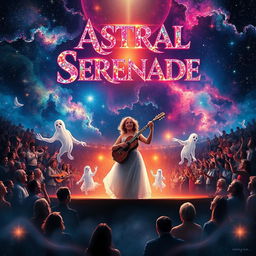 A stunning movie poster for 'Astral Serenade', featuring a woman on a dazzling stage, passionately playing an instrument