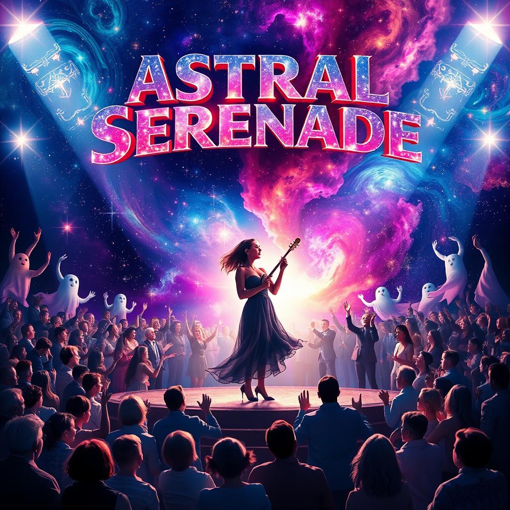 A stunning movie poster for 'Astral Serenade', featuring a woman on a dazzling stage, passionately playing an instrument