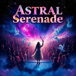 A stunning movie poster for 'Astral Serenade', featuring a woman on a dazzling stage, passionately playing an instrument