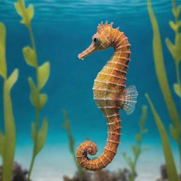 A vibrant and colorful seahorse, swimming gracefully in clear, turquoise waters with a backdrop of thriving aquatic vegetation.