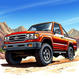 A detailed illustration of a Toyota Land Cruiser 105 pickup from the years 2002-2003, depicted in a rugged outdoor scene that emphasizes its robust features