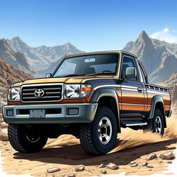 A detailed illustration of a Toyota Land Cruiser 105 pickup from the years 2002-2003, depicted in a rugged outdoor scene that emphasizes its robust features