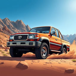 A detailed illustration of a Toyota Land Cruiser 105 pickup from the years 2002-2003, depicted in a rugged outdoor scene that emphasizes its robust features