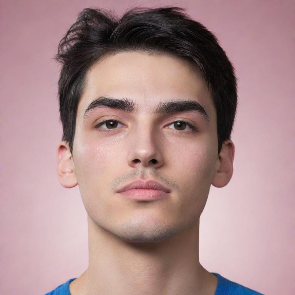 Create an ultra HD image of a college boy with black straight hair, fair skin, a diamond-shaped face, thick eyebrows (especially on the left side), sleepy eyes, and a raised nose. He has a thick, pink lower lip and a mole above his forehead.