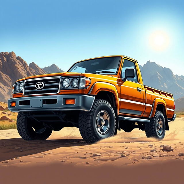 A detailed illustration of a Toyota Land Cruiser 105 pickup from the years 2002-2003, depicted in a rugged outdoor scene that emphasizes its robust features