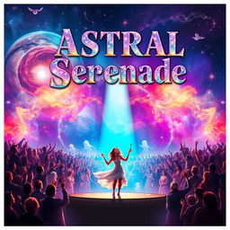 A stunning movie poster for 'Astral Serenade', showcasing a woman on a vibrant stage, engagingly playing an instrument