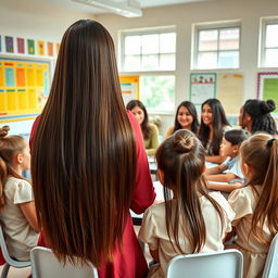 A scene portraying a gathering of mothers of students in a meeting with teachers and students, showcasing mothers with very long, smooth, straight, and flowing hair that is completely loose and free