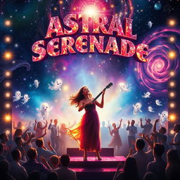 A stunning movie poster for 'Astral Serenade', showcasing a woman on a vibrant stage, engagingly playing an instrument