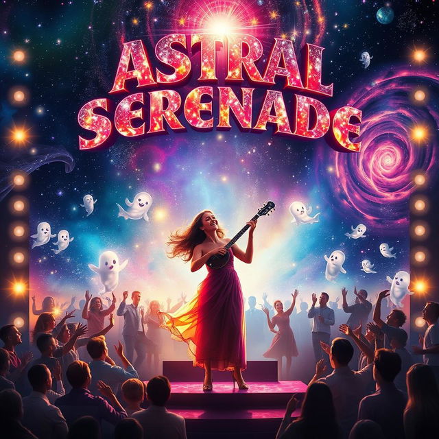 A stunning movie poster for 'Astral Serenade', showcasing a woman on a vibrant stage, engagingly playing an instrument