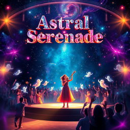 A stunning movie poster for 'Astral Serenade', showcasing a woman on a vibrant stage, engagingly playing an instrument