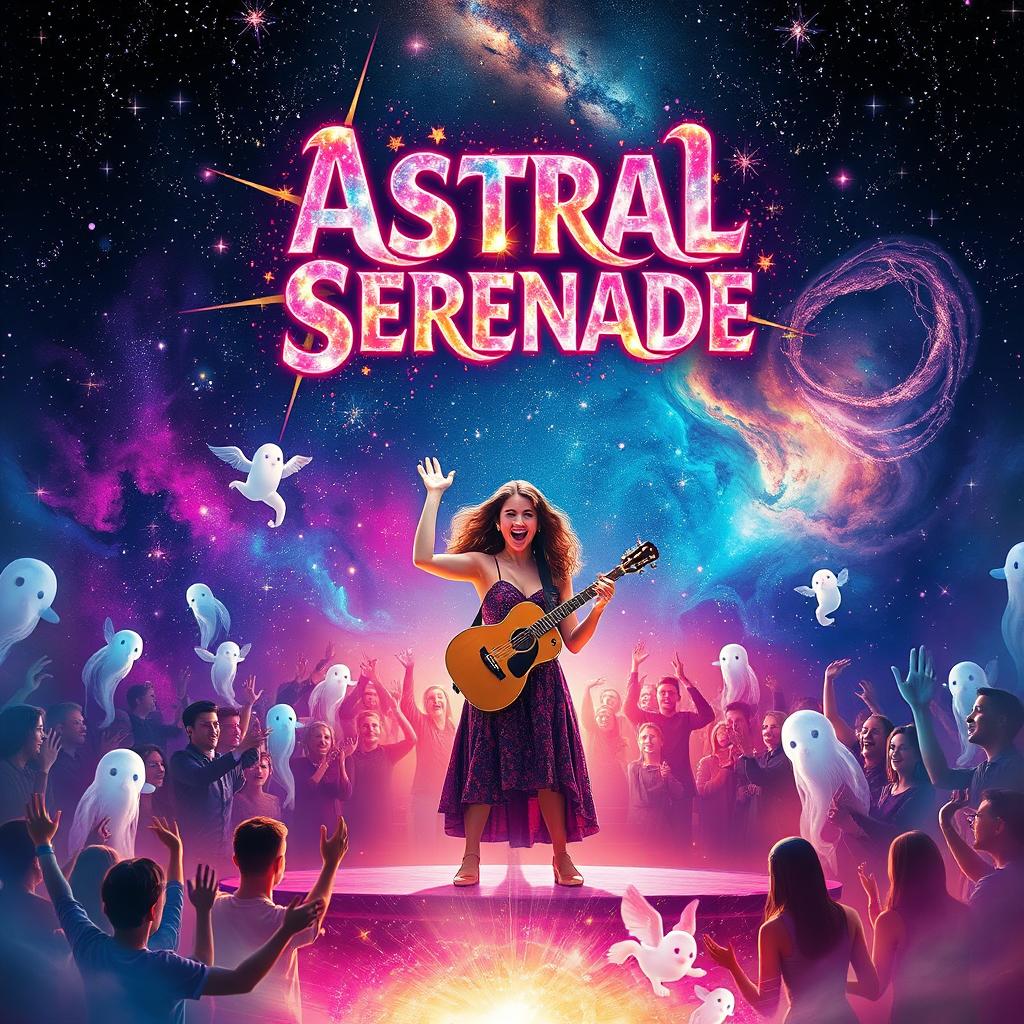 A stunning movie poster for 'Astral Serenade', showcasing a woman on a vibrant stage, engagingly playing an instrument