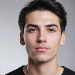 Create an ultra HD image of a college boy with black straight hair, fair skin, a diamond-shaped face, thick eyebrows (especially on the left side), sleepy eyes, and a raised nose. He has a thick, pink lower lip and a mole above his forehead.