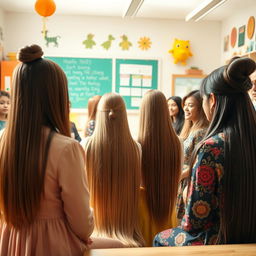 A vibrant scene showing mothers of students in a meeting with teachers and students, highlighting the mothers with very long, smooth, straight, and flowing hair that is completely loose and cascading down freely