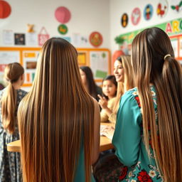 A vibrant scene showing mothers of students in a meeting with teachers and students, highlighting the mothers with very long, smooth, straight, and flowing hair that is completely loose and cascading down freely