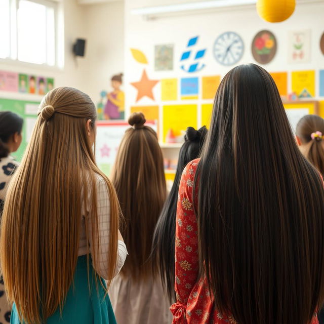 A vibrant scene showing mothers of students in a meeting with teachers and students, highlighting the mothers with very long, smooth, straight, and flowing hair that is completely loose and cascading down freely