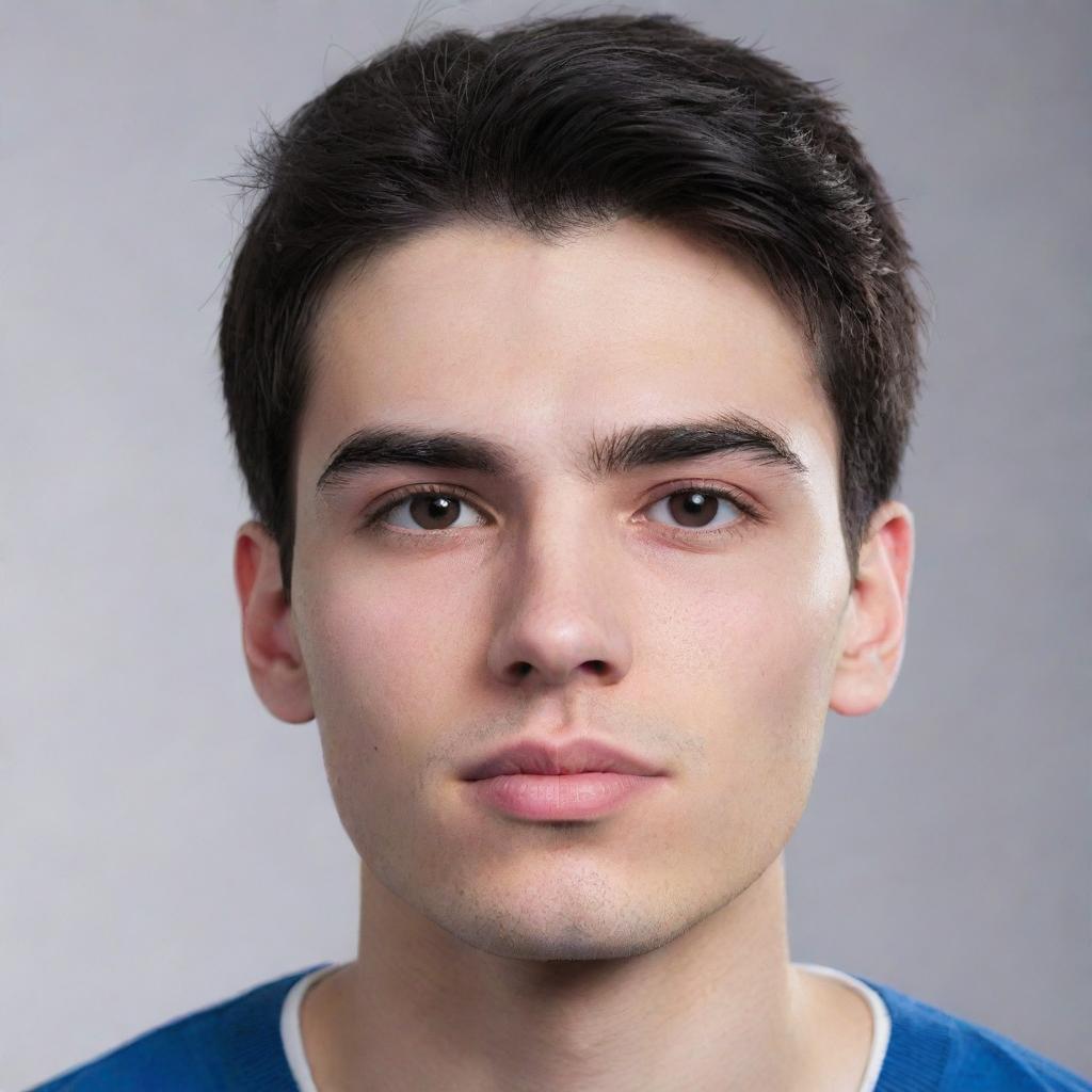 Create an ultra HD image of a college boy with black straight hair, fair skin, a diamond-shaped face, thick eyebrows (especially on the left side), sleepy eyes, and a raised nose. He has a thick, pink lower lip and a mole above his forehead.