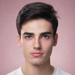 Create an ultra HD image of a college boy with black straight hair, fair skin, a diamond-shaped face, thick eyebrows (especially on the left side), sleepy eyes, and a raised nose. He has a thick, pink lower lip and a mole above his forehead.