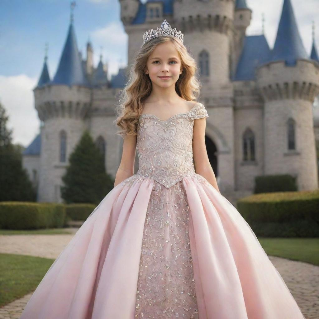 A young, graceful princess adorned with a jeweled tiara and beautiful royal gown, standing majestically in front of her fairy tale castle.