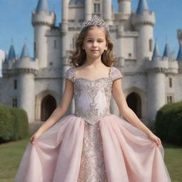 A young, graceful princess adorned with a jeweled tiara and beautiful royal gown, standing majestically in front of her fairy tale castle.