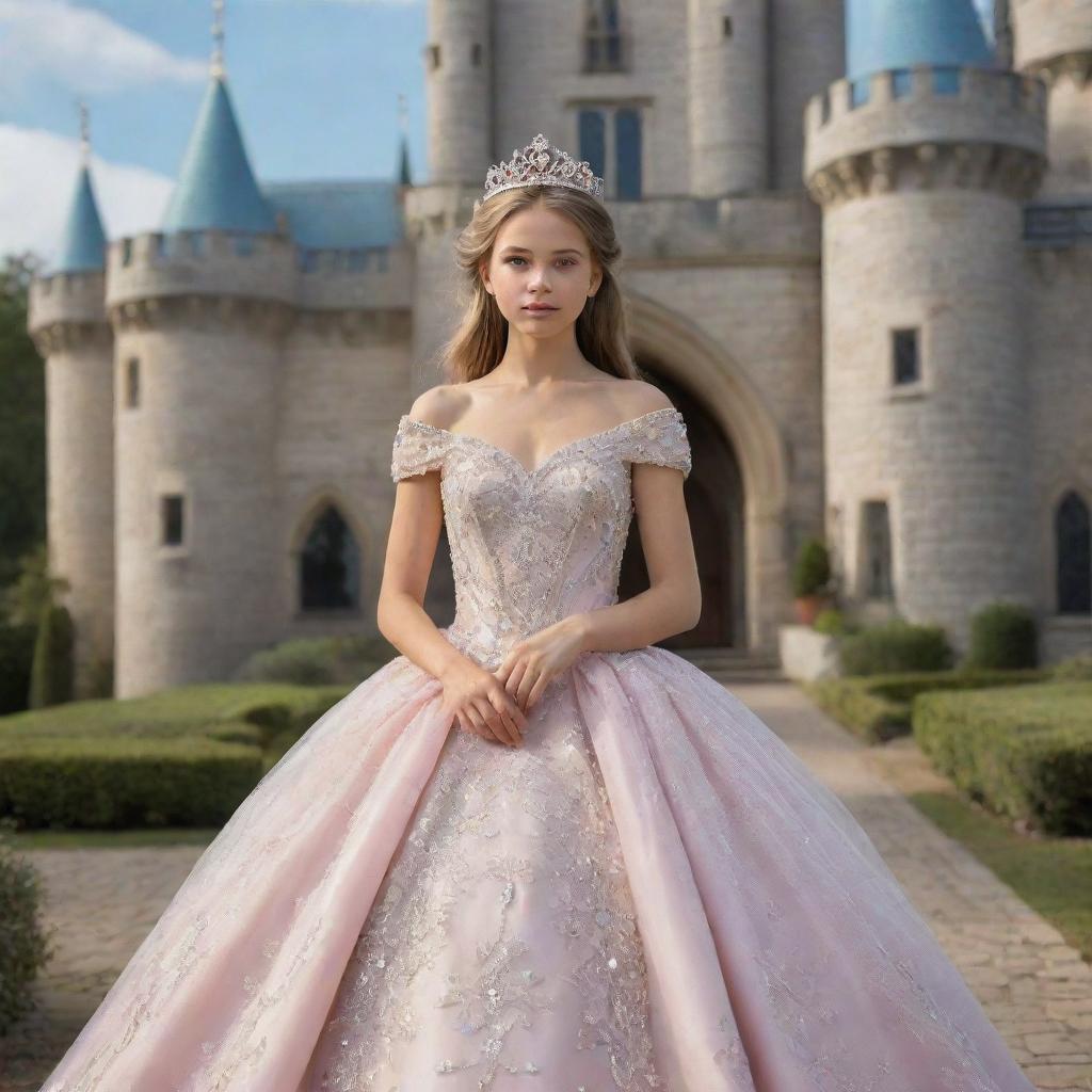 A young, graceful princess adorned with a jeweled tiara and beautiful royal gown, standing majestically in front of her fairy tale castle.