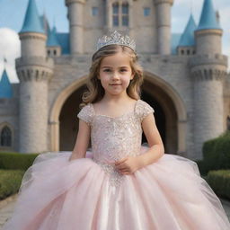 A young, graceful princess adorned with a jeweled tiara and beautiful royal gown, standing majestically in front of her fairy tale castle.