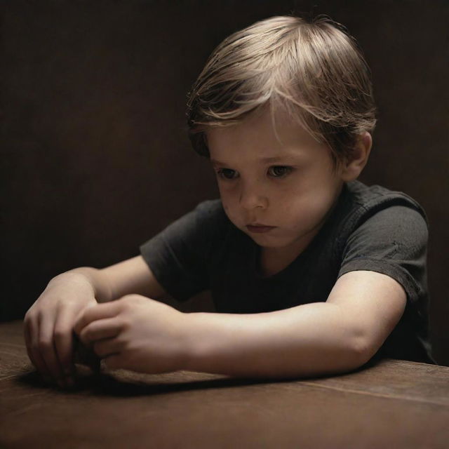 A neoclassical styled image of a little boy placing his scratches, reimagined through the lens of 1970s dark fantasy art with heightened variation.