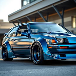 A stunning 1988 Chevrolet Chevette hatchback, featuring a deep blue brushed paint finish that gleams in the sunlight