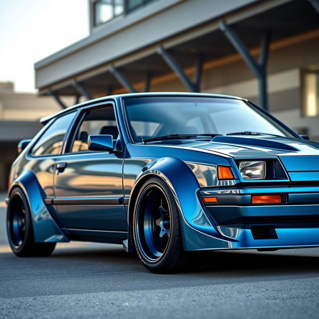 A stunning 1988 Chevrolet Chevette hatchback, featuring a deep blue brushed paint finish that gleams in the sunlight