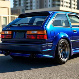 A stunning 1988 Chevrolet Chevette hatchback, featuring a deep blue brushed paint finish that gleams in the sunlight