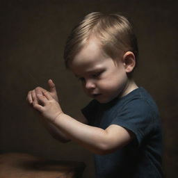 A neoclassical styled image of a little boy placing his scratches, reimagined through the lens of 1970s dark fantasy art with heightened variation.