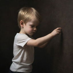 A neoclassical styled image of a little boy placing his scratches, reimagined through the lens of 1970s dark fantasy art with heightened variation.