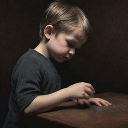 A neoclassical styled image of a little boy placing his scratches, reimagined through the lens of 1970s dark fantasy art with heightened variation.