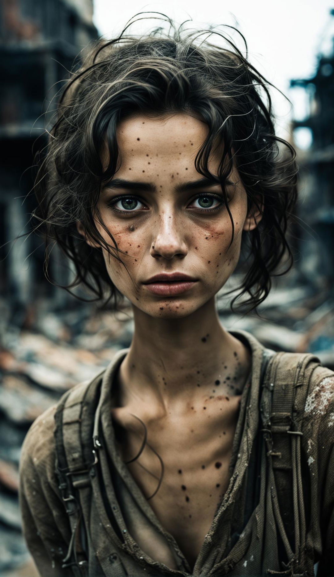 A 16k resolution photograph of a beautiful yet sad 23-year-old woman with pale hazel green eyes and messy dark hair against a war-torn background. The image is taken in low light with a focus on her symmetrical face, reminiscent of James Nachtwey's photography.