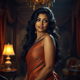 An alluring and confident Indian mature woman with voluminous hair and radiant skin, dressed in elegant traditional attire that highlights her curves