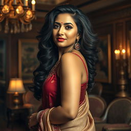 An alluring and confident Indian mature woman with voluminous hair and radiant skin, dressed in elegant traditional attire that highlights her curves