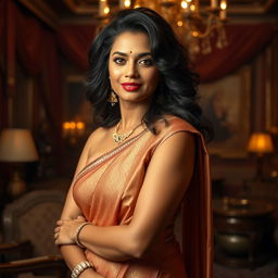 An alluring and confident Indian mature woman with voluminous hair and radiant skin, dressed in elegant traditional attire that highlights her curves