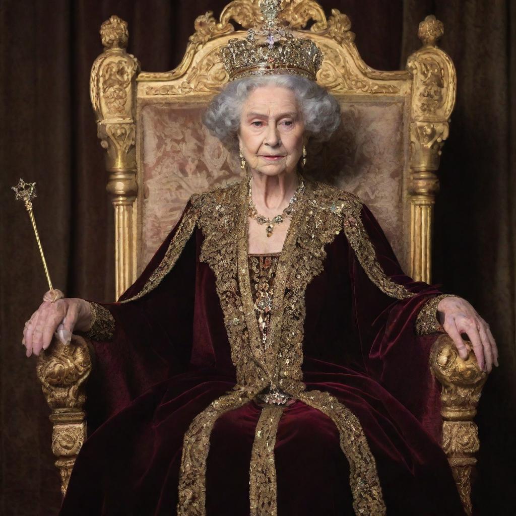 A regal queen in a opulent crown and velvet robe, sitting on a gold-embellished throne, holding a scepter.