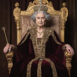 A regal queen in a opulent crown and velvet robe, sitting on a gold-embellished throne, holding a scepter.