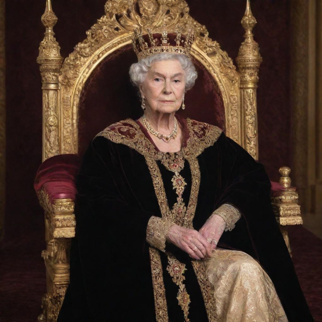 A regal queen in a opulent crown and velvet robe, sitting on a gold-embellished throne, holding a scepter.