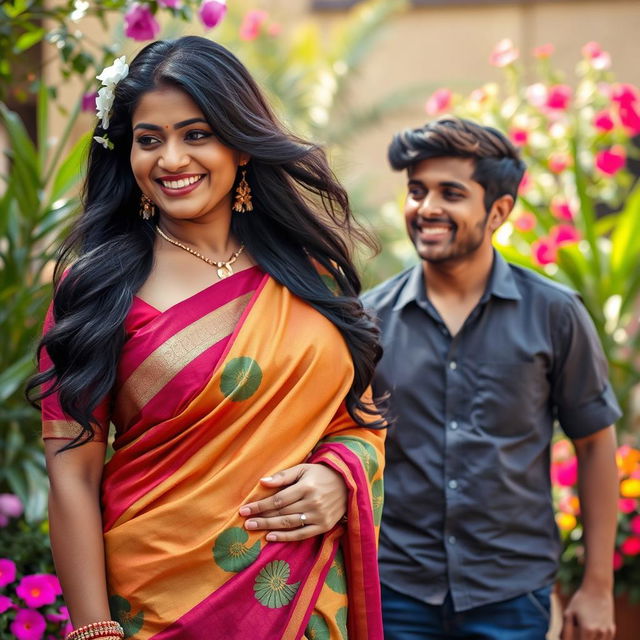 A busty Indian mature woman, radiating confidence and elegance, wearing a stylish, colorful traditional saree that beautifully complements her curves