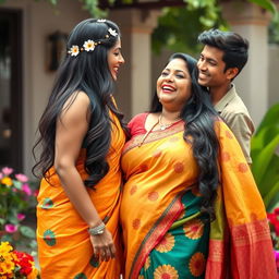 A busty Indian mature woman, radiating confidence and elegance, wearing a stylish, colorful traditional saree that beautifully complements her curves