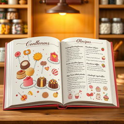 A beautifully arranged open cookbook showcasing a delightful selection of candy recipes