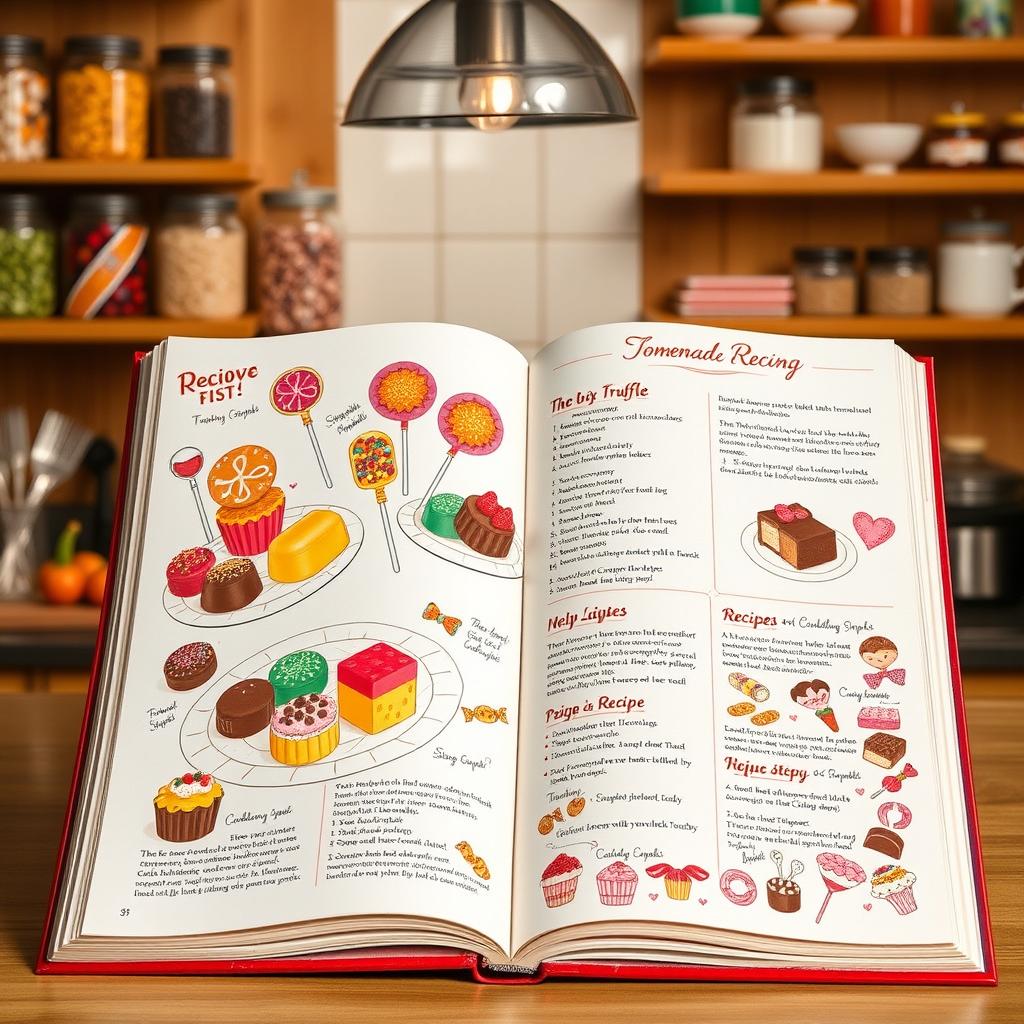 A beautifully arranged open cookbook showcasing a delightful selection of candy recipes