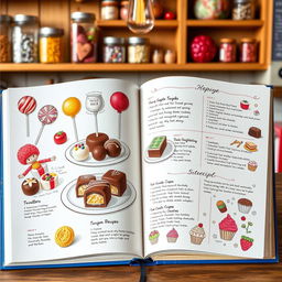 A beautifully arranged open cookbook showcasing a delightful selection of candy recipes