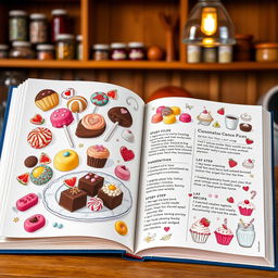 A beautifully arranged open cookbook showcasing a delightful selection of candy recipes