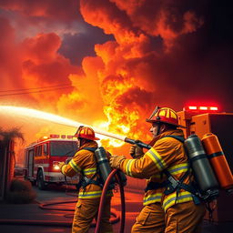 A heroic scene depicting firefighters (bombeiros) in action, wearing their bright yellow and red firefighting gear, bravely battling a fierce blaze