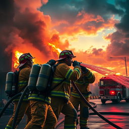 A heroic scene depicting firefighters (bombeiros) in action, wearing their bright yellow and red firefighting gear, bravely battling a fierce blaze