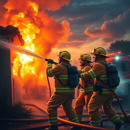 A heroic scene depicting firefighters (bombeiros) in action, wearing their bright yellow and red firefighting gear, bravely battling a fierce blaze