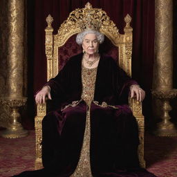 A regal queen in a opulent crown and velvet robe, sitting on a gold-embellished throne, holding a scepter.